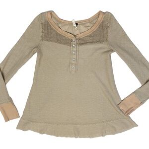 We The Free Long Sleeve Top Lace Thermal Henley Size M Flare Mid Button Tan